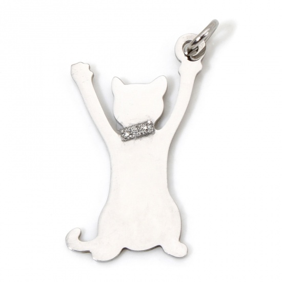 Picture of 1 Piece 304 Stainless Steel Blank Stamping Tags Charms Cat Animal Silver Tone With Jump Ring 3.3cm x 1.8cm