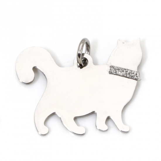 Picture of 1 Piece 304 Stainless Steel Blank Stamping Tags Charms Dog Animal Silver Tone With Jump Ring 26mm x 21mm