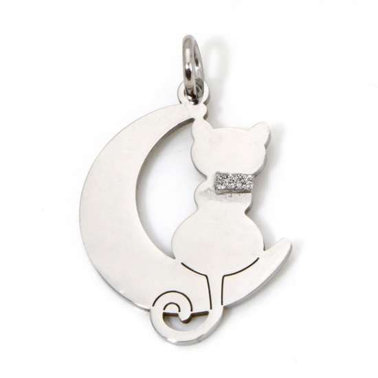 Picture of 1 Piece 304 Stainless Steel Blank Stamping Tags Charms Cat Animal Silver Tone With Jump Ring 29mm x 19mm