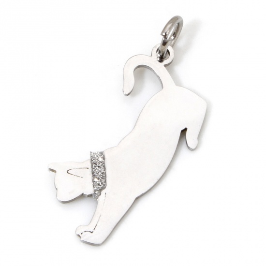 Picture of 1 Piece 304 Stainless Steel Blank Stamping Tags Charms Cat Animal Silver Tone With Jump Ring 3.1cm x 1.3cm