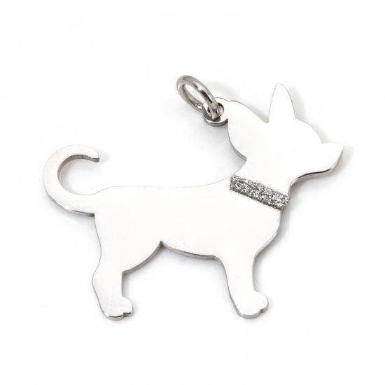 Picture of 1 Piece 304 Stainless Steel Blank Stamping Tags Charms Dog Animal Silver Tone With Jump Ring 3.1cm x 2.9cm