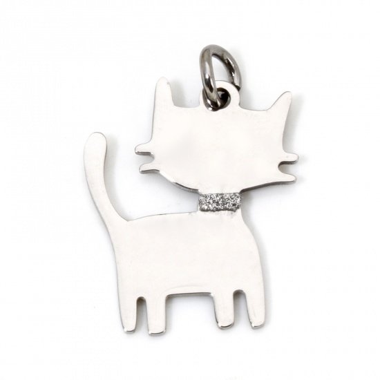 Picture of 1 Piece 304 Stainless Steel Blank Stamping Tags Charms Cat Animal Silver Tone With Jump Ring 28mm x 20mm