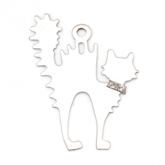 Picture of 1 Piece 304 Stainless Steel Blank Stamping Tags Charms Cat Animal Silver Tone With Jump Ring 3.1cm x 2.2cm