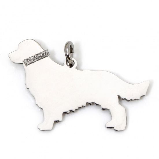 Picture of 1 Piece 304 Stainless Steel Blank Stamping Tags Charms Dog Animal Silver Tone With Jump Ring 3.2cm x 2.2cm