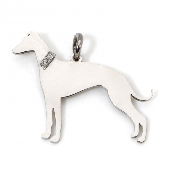 Picture of 1 Piece 304 Stainless Steel Blank Stamping Tags Charms Dog Animal Silver Tone With Jump Ring 27mm x 22mm