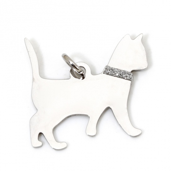 Picture of 1 Piece 304 Stainless Steel Blank Stamping Tags Charms Cat Animal Silver Tone With Jump Ring 25mm x 23mm