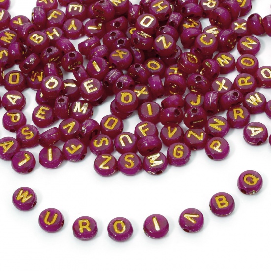 Picture of 500 PCs Acrylic Beads For DIY Jewelry Making Fuchsia Round At Random Mixed Message " A-Z " Enamel About 7mm Dia., Hole: Approx 1.5mm