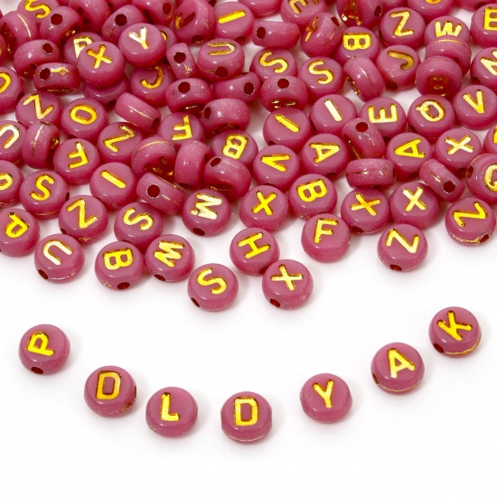 Picture of 500 PCs Acrylic Beads For DIY Jewelry Making Pink Round At Random Mixed Message " A-Z " Enamel About 7mm Dia., Hole: Approx 1.5mm