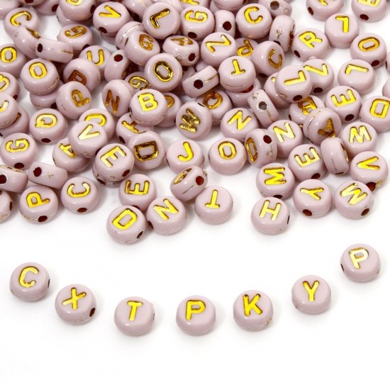 Picture of 500 PCs Acrylic Beads For DIY Jewelry Making Light Pink Round At Random Mixed Message " A-Z " Enamel About 7mm Dia., Hole: Approx 1.5mm