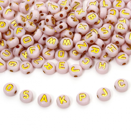 Picture of 500 PCs Acrylic Beads For DIY Jewelry Making Peachy Beige Round At Random Mixed Message " A-Z " Enamel About 7mm Dia., Hole: Approx 1.5mm