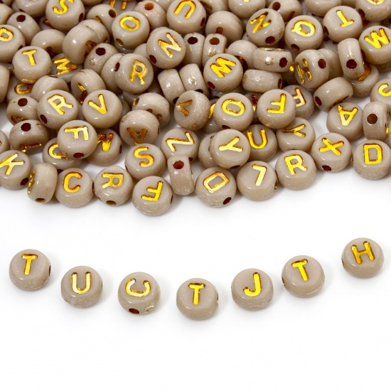 Picture of 500 PCs Acrylic Beads For DIY Jewelry Making Light Beige Round At Random Mixed Message " A-Z " Enamel About 7mm Dia., Hole: Approx 1.5mm