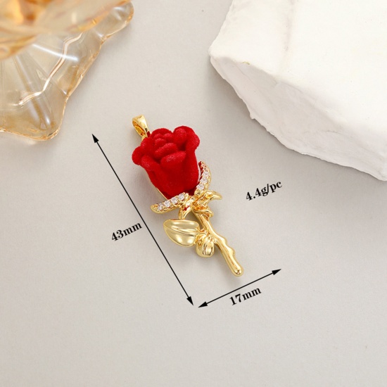 Picture of 1 Piece Brass Flocking Valentine's Day Pendants 14K Gold Plated Rose Flower 3D 4.3cm x 1.7cm