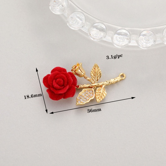 Picture of 1 Piece Brass Flocking Valentine's Day Pendants 14K Gold Plated Rose Flower 3D 3.6cm x 1.9cm