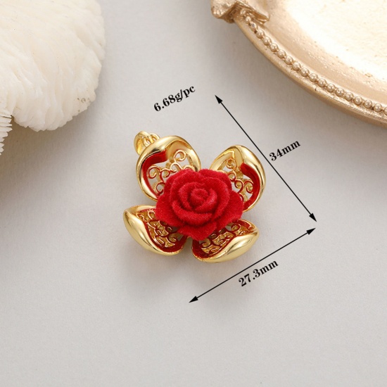 Picture of 1 Piece Brass Flocking Valentine's Day Pendants 14K Gold Plated Rose Flower 3D 3.4cm x 2.7cm