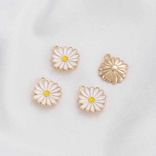 Picture of 2 PCs Eco-friendly Brass Charms 14K Real Gold Plated White Daisy Flower Enamel 13mm Dia.