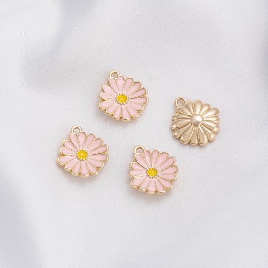 Picture of 2 PCs Eco-friendly Brass Charms 14K Real Gold Plated Pink Daisy Flower Enamel 13mm Dia.