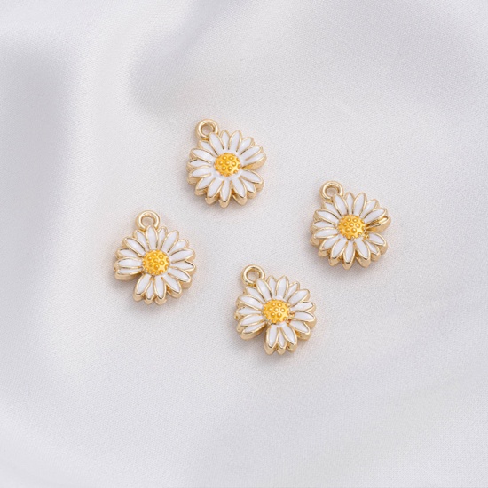 Picture of 2 PCs Eco-friendly Brass Charms 14K Real Gold Plated White Daisy Flower Double Sided Enamel 12mm Dia.