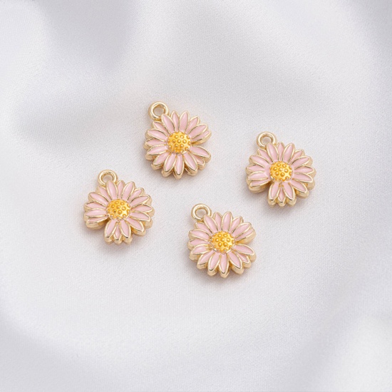 Picture of 2 PCs Eco-friendly Brass Charms 14K Real Gold Plated Pink Daisy Flower Double Sided Enamel 12mm Dia.