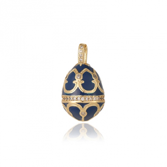 Picture of 1 Piece Eco-friendly Brass Easter Day Charms 18K Real Gold Plated Dark Blue Easter Egg Carved Pattern Enamel 23.5mm x 13.5mm