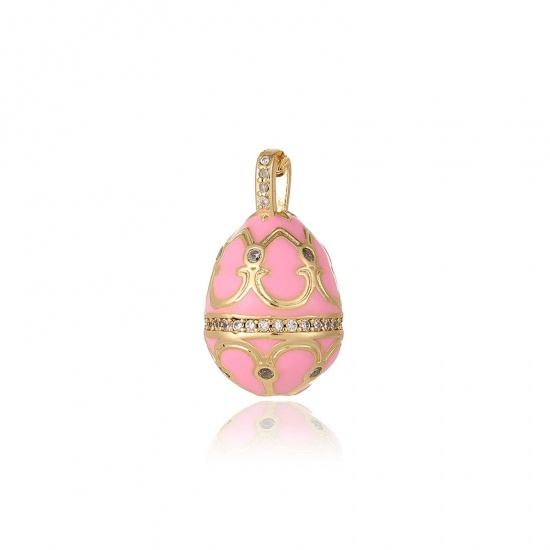 Picture of 1 Piece Eco-friendly Brass Easter Day Charms 18K Real Gold Plated Pink Easter Egg Carved Pattern Enamel 23.5mm x 13.5mm