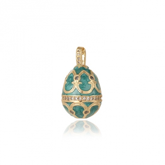 Picture of 1 Piece Eco-friendly Brass Easter Day Charms 18K Real Gold Plated Green Easter Egg Carved Pattern Enamel 23.5mm x 13.5mm