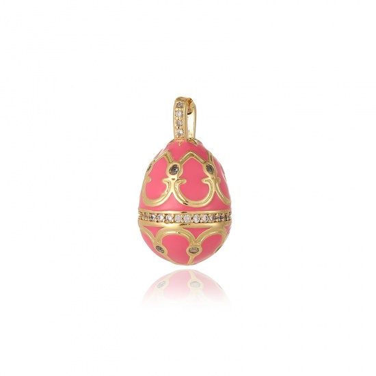 Picture of 1 Piece Eco-friendly Brass Easter Day Charms 18K Real Gold Plated Fuchsia Easter Egg Carved Pattern Enamel 23.5mm x 13.5mm