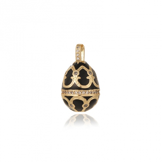 Picture of 1 Piece Eco-friendly Brass Easter Day Charms 18K Real Gold Plated Black Easter Egg Carved Pattern Enamel 23.5mm x 13.5mm