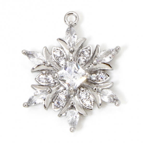 Picture of 1 Piece Eco-friendly Brass Christmas Charms Real Platinum Plated Christmas Snowflake Clear Cubic Zirconia Clear Rhinestone 20.5mm x 16mm