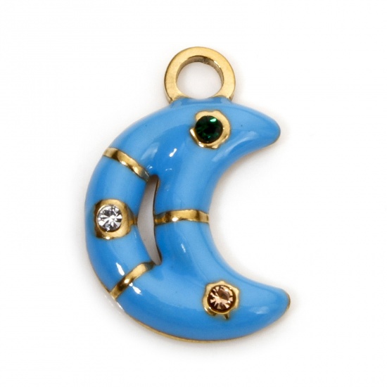 Immagine di 2 Pz Placcatura Sottovuoto 304 Acciaio Inossidabile Galassia Ciondoli Luna Oro Placcato Blu Frittella Dolce Smalto Multicolore Strass 16.5mm x 11mm