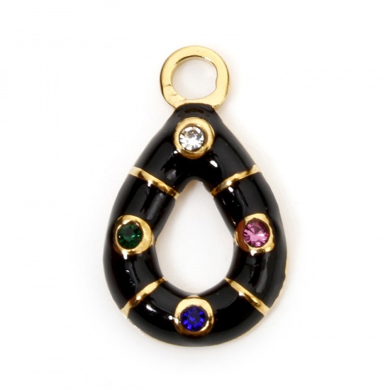 Immagine di 2 Pz Placcatura Sottovuoto 304 Acciaio Inossidabile Geometrico Ciondoli Goccia Oro Placcato Nero Frittella Dolce Smalto Multicolore Strass 16.5mm x 10mm