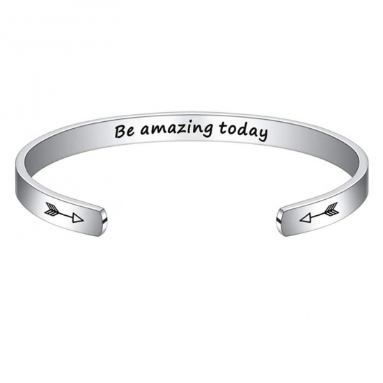 Bild von 1 Stück 304 Edelstahl Positive Zitate Energie Offen Manschette Armreife Armband Silberfarbe Englisch Vokabeln 7cm x 5cm