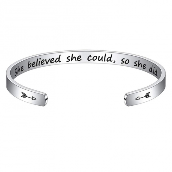 Bild von 1 Stück 304 Edelstahl Positive Zitate Energie Offen Manschette Armreife Armband Silberfarbe Englisch Vokabeln 7cm x 5cm