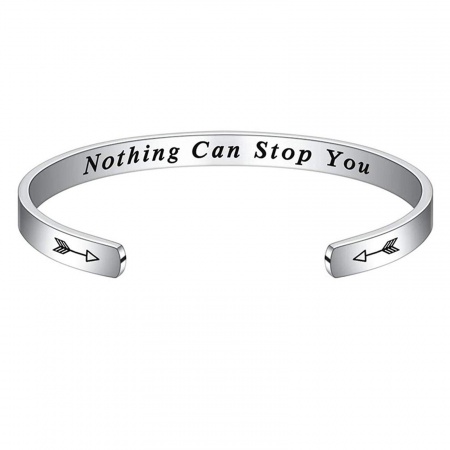 Picture of 304 Stainless Steel Positive Quotes Energy Open Cuff Bangles Bracelets Silver Tone English Vocabulary 7cm x 5cm