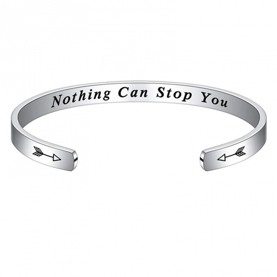 Bild von 1 Stück 304 Edelstahl Positive Zitate Energie Offen Manschette Armreife Armband Silberfarbe Englisch Vokabeln 7cm x 5cm