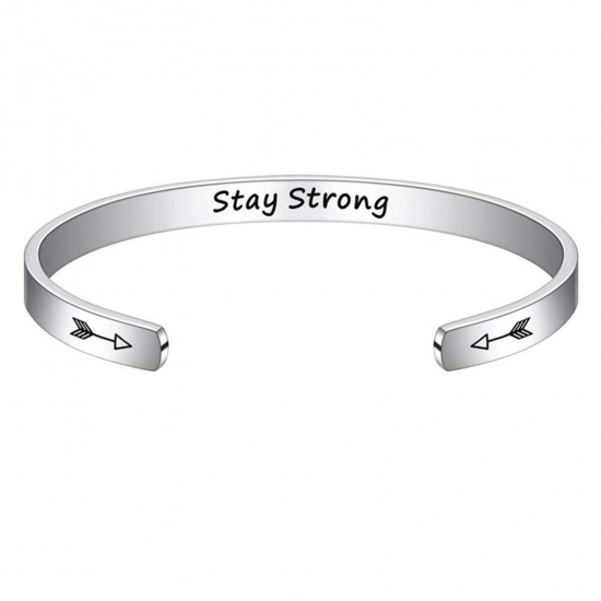 Bild von 1 Stück 304 Edelstahl Positive Zitate Energie Offen Manschette Armreife Armband Silberfarbe Englisch Vokabeln 7cm x 5cm