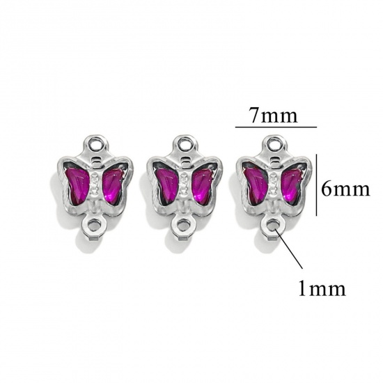 Picture of 20 PCs 304 Stainless Steel & Glass Connectors Charms Pendants Silver Tone Purple Butterfly Animal 7mm x 6mm