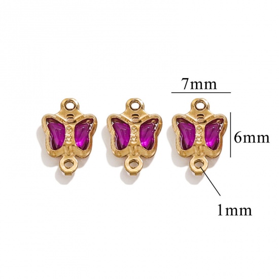 Picture of 20 PCs 304 Stainless Steel & Glass Connectors Charms Pendants Gold Plated Purple Butterfly Animal 7mm x 6mm