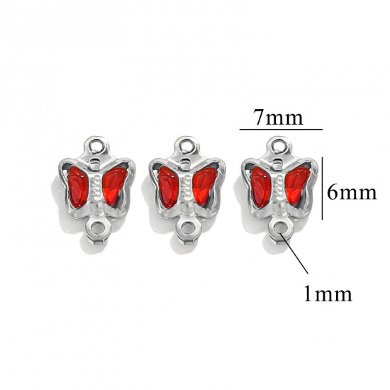 Picture of 20 PCs 304 Stainless Steel & Glass Connectors Charms Pendants Silver Tone Red Butterfly Animal 7mm x 6mm