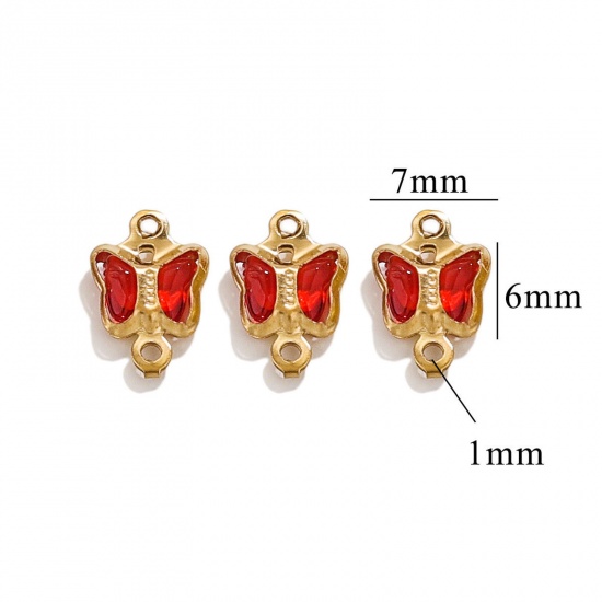 Picture of 20 PCs 304 Stainless Steel & Glass Connectors Charms Pendants Gold Plated Red Butterfly Animal 7mm x 6mm