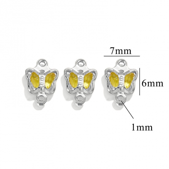 Picture of 20 PCs 304 Stainless Steel & Glass Connectors Charms Pendants Silver Tone Yellow Butterfly Animal 7mm x 6mm