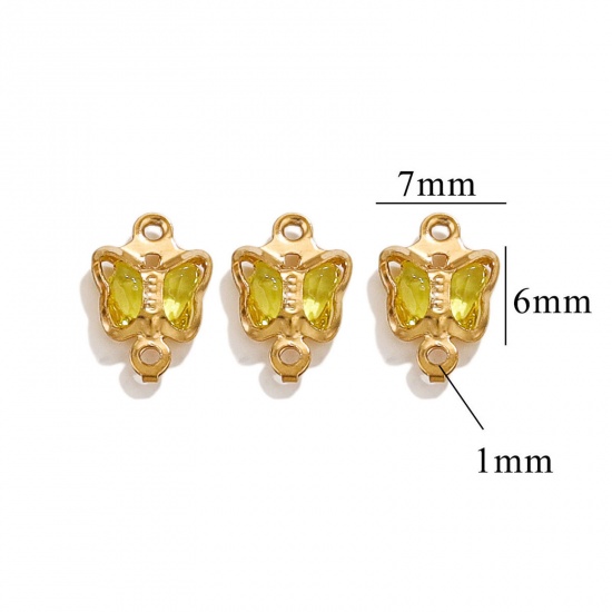 Picture of 20 PCs 304 Stainless Steel & Glass Connectors Charms Pendants Gold Plated Yellow Butterfly Animal 7mm x 6mm