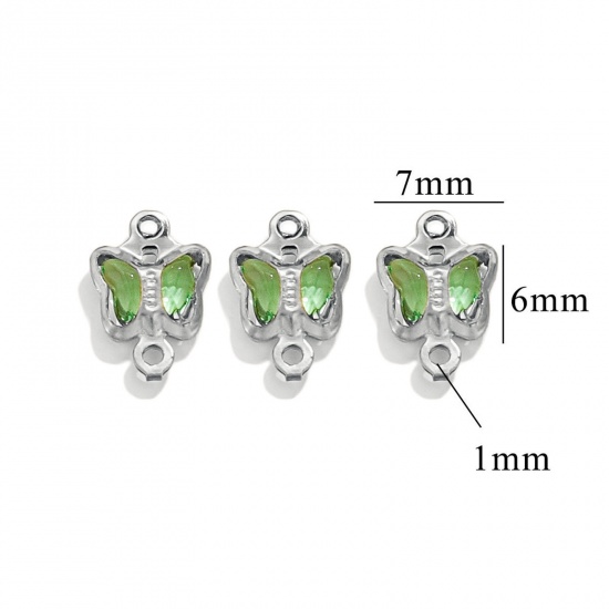 Picture of 20 PCs 304 Stainless Steel & Glass Connectors Charms Pendants Silver Tone Green Butterfly Animal 7mm x 6mm