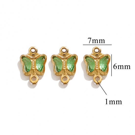 Picture of 20 PCs 304 Stainless Steel & Glass Connectors Charms Pendants Gold Plated Green Butterfly Animal 7mm x 6mm