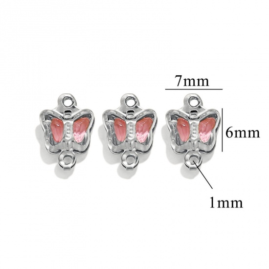 Picture of 20 PCs 304 Stainless Steel & Glass Connectors Charms Pendants Silver Tone Pink Butterfly Animal 7mm x 6mm