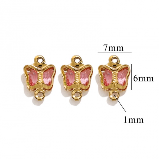 Picture of 20 PCs 304 Stainless Steel & Glass Connectors Charms Pendants Gold Plated Pink Butterfly Animal 7mm x 6mm