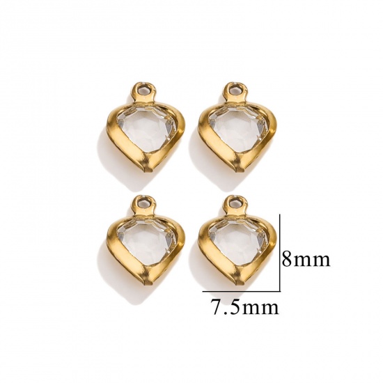 Picture of 20 PCs 304 Stainless Steel & Glass Connectors Charms Pendants Gold Plated Transparent Clear Heart 7.5mm x 8mm