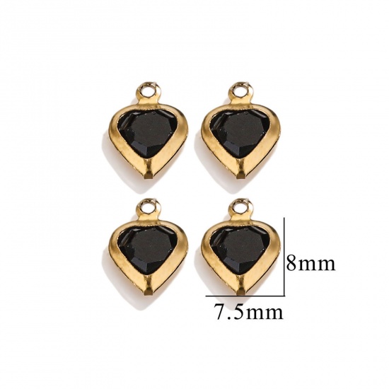 Picture of 20 PCs 304 Stainless Steel & Glass Connectors Charms Pendants Gold Plated Black Heart 7.5mm x 8mm