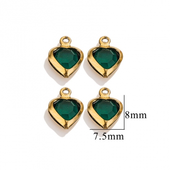 Picture of 20 PCs 304 Stainless Steel & Glass Connectors Charms Pendants Gold Plated Dark Green Heart 7.5mm x 8mm