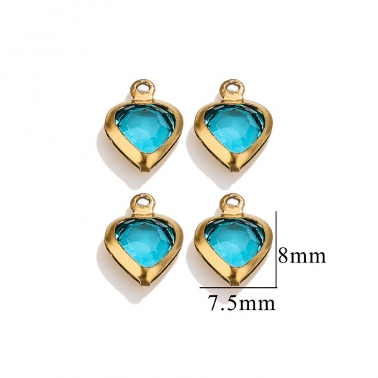 Picture of 20 PCs 304 Stainless Steel & Glass Connectors Charms Pendants Gold Plated Skyblue Heart 7.5mm x 8mm