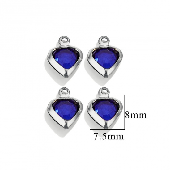 Picture of 20 PCs 304 Stainless Steel & Glass Connectors Charms Pendants Silver Tone Royal Blue Heart 7.5mm x 8mm